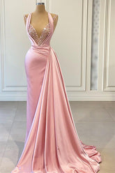 Charming Pink Halter Mermaid Prom Dress - Sleeveless V-Neck Ruffles & Sequins